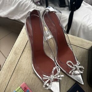New Amina Muaddi Rosie 95mm Crystal Bow Glass Pumps  Size 38